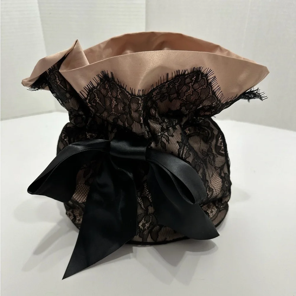 Marchesa x Beauty.com Blush Nude Satin & Black Lace Cosmetics Pouch Bag w Bow